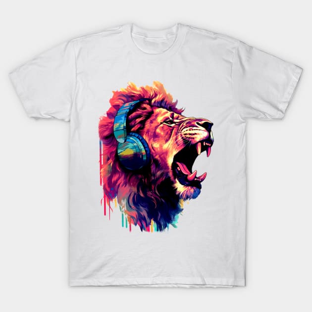 Lion With Headphones #1 T-Shirt by Butterfly Venom